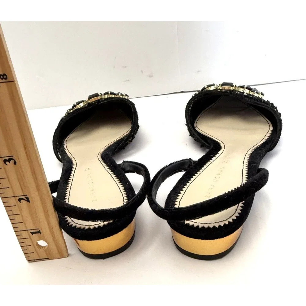 Zara Woman Black Tweed Jeweled Slingback Flats Gold Metallic Heel Sz EU 37/US 7